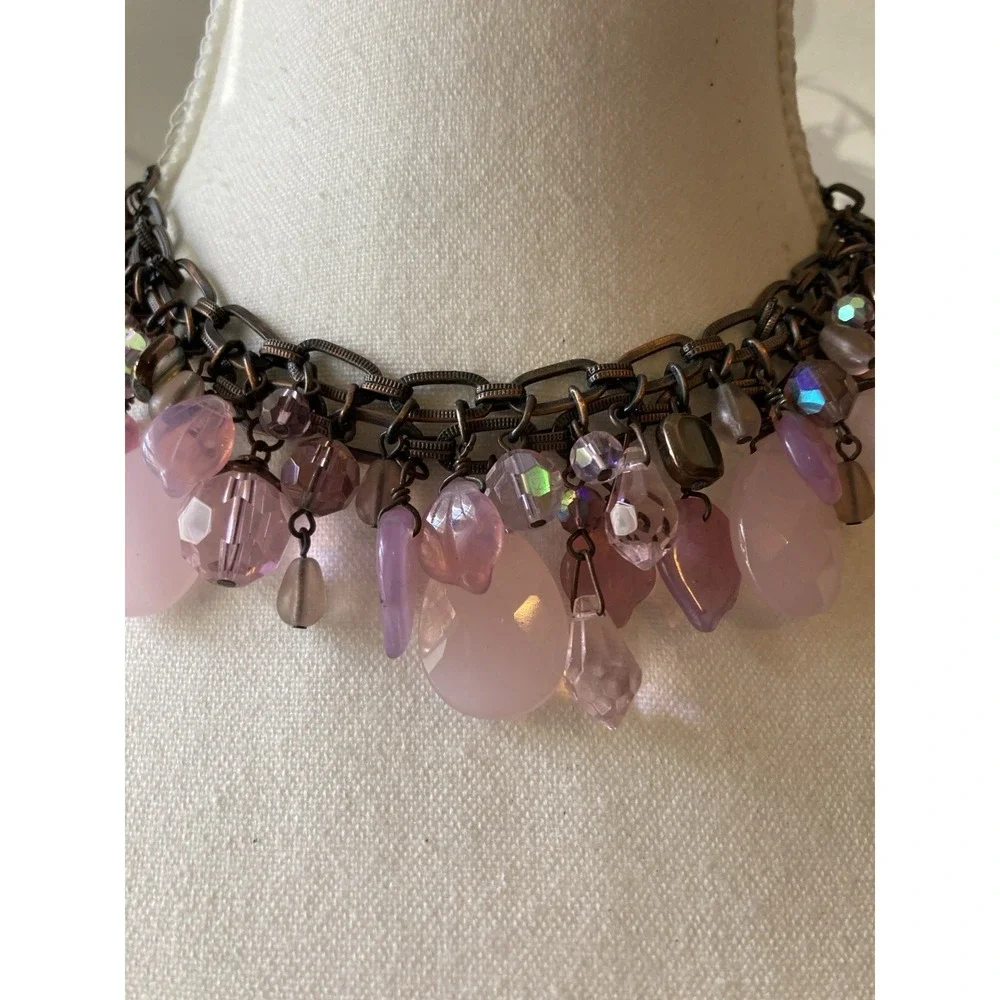 Pink & Purple Lucite Charm Necklace Gunmetal Multi Chain Whimsical Fairy Dangle‎